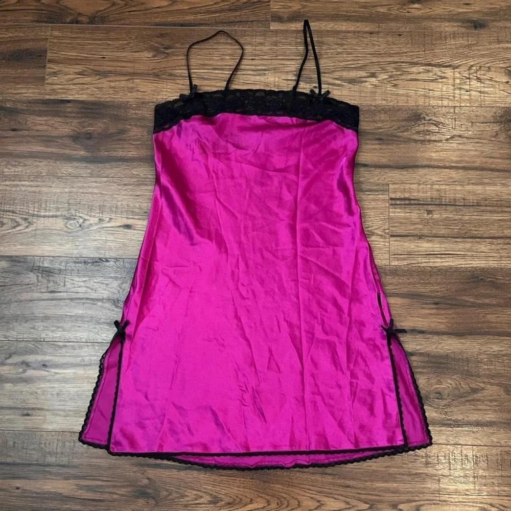 La Senza Pink Satin Slip Dress Black Lace Trim & Bow Women M Y2K Coquette Fairy - Picture 1 of 6
